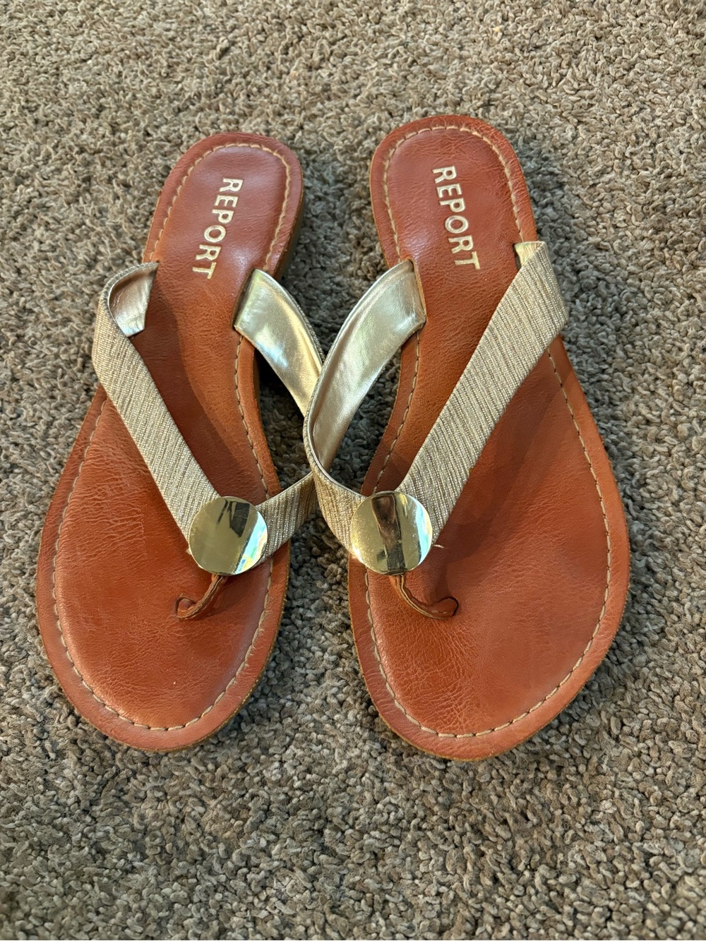 Report Women's Gold Strap Tan Footbed Thong Sandals